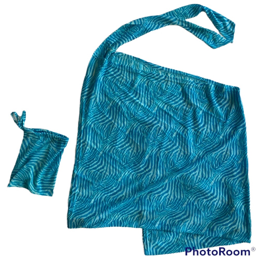 Vintage 90s Express swim cover-up wrap with drawstring bag. Aqua animal print.